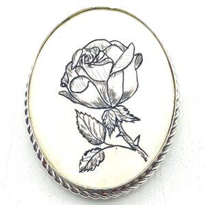 STERLING Etched Rose Pin Silver Nature Garden Trees Flowers Flora Classic